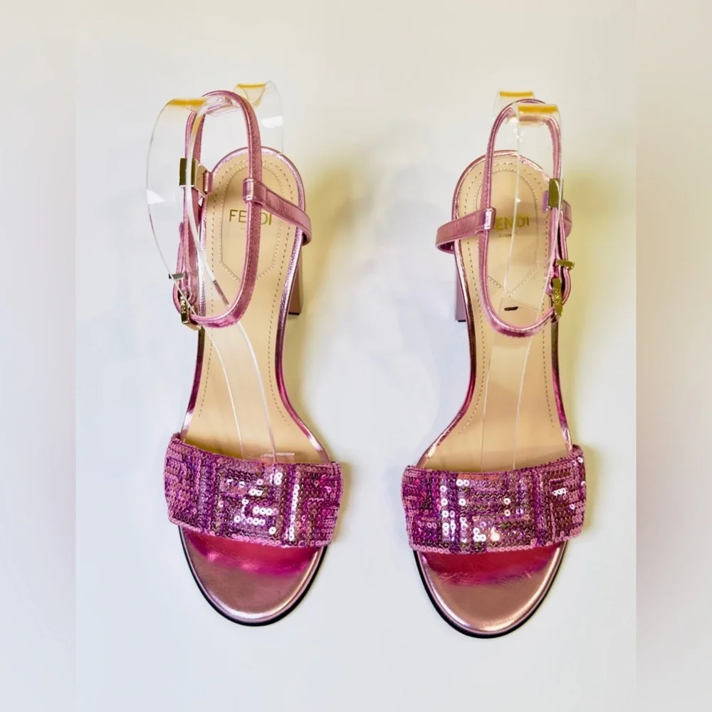 Fendi Delfina Heel Strap Sandals Pink Metallic Goat Leather FF Sequin Size 37 - Picture 13 of 16